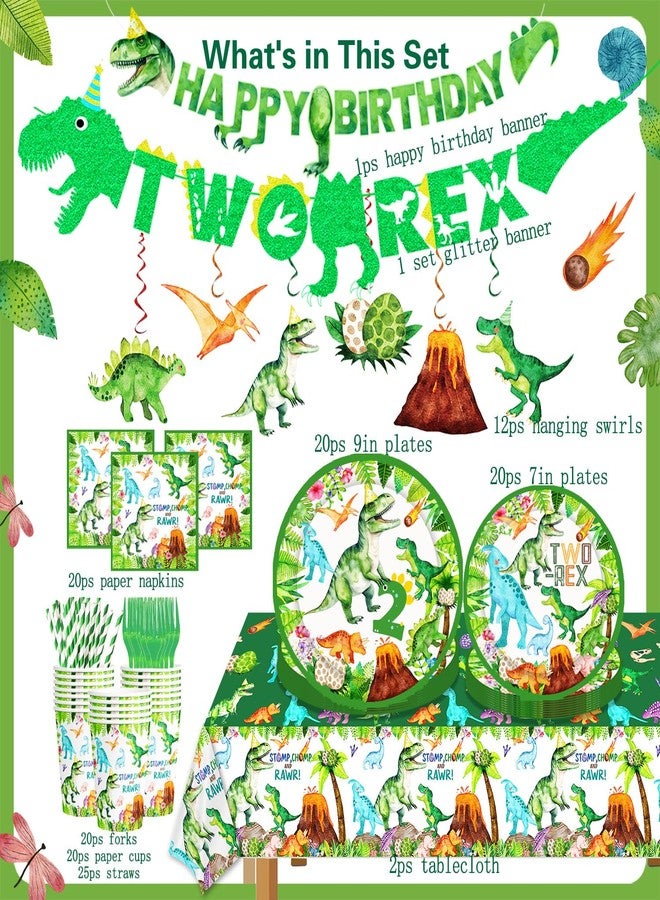 BIGKEOKI Two Rex Birthday Decorations Boy Watercolor Dinosaur 2nd Bday Party Plates Napkins Cups Tablecloth Hanging Swirls Banner Straws Forks for Dinosaur 2nd Bday Decor Party Supplies - Image 2